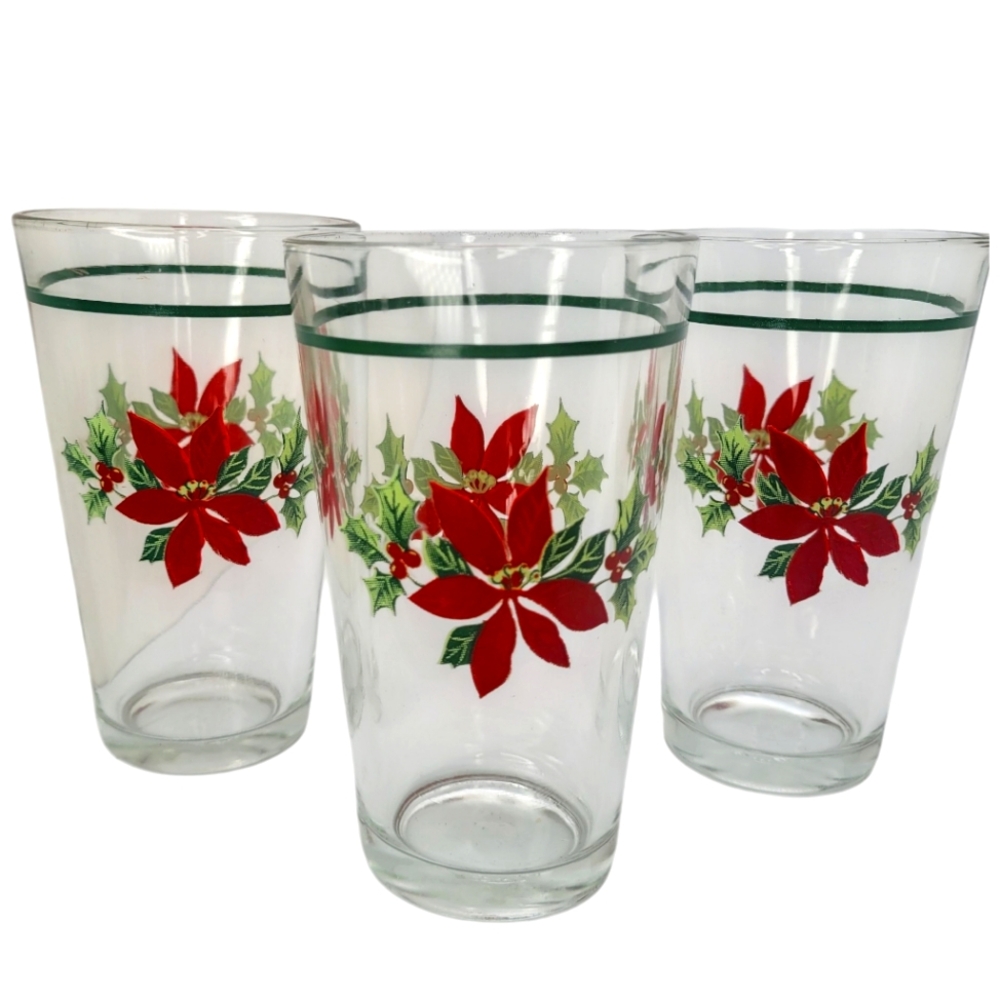 Gibson POINSETTIA HOLIDAY 16-oz Glass Tumbler (s) LOT OF 3 Christmas Holly Berry